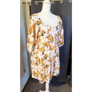 JODIFL Floral Cotton Babydoll Mini Dress Mustard White Puff Sleeve Large